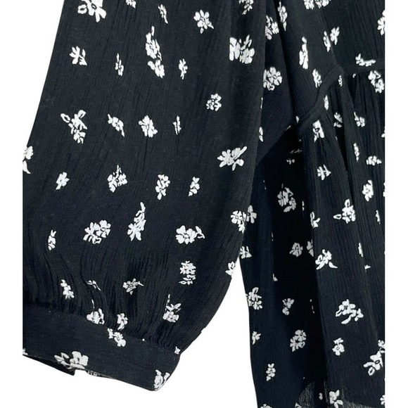 SO Floral Babydoll Blouse Womens XL Black White Excellent Peplum Rayon Tie Neck - Picture 6 of 13